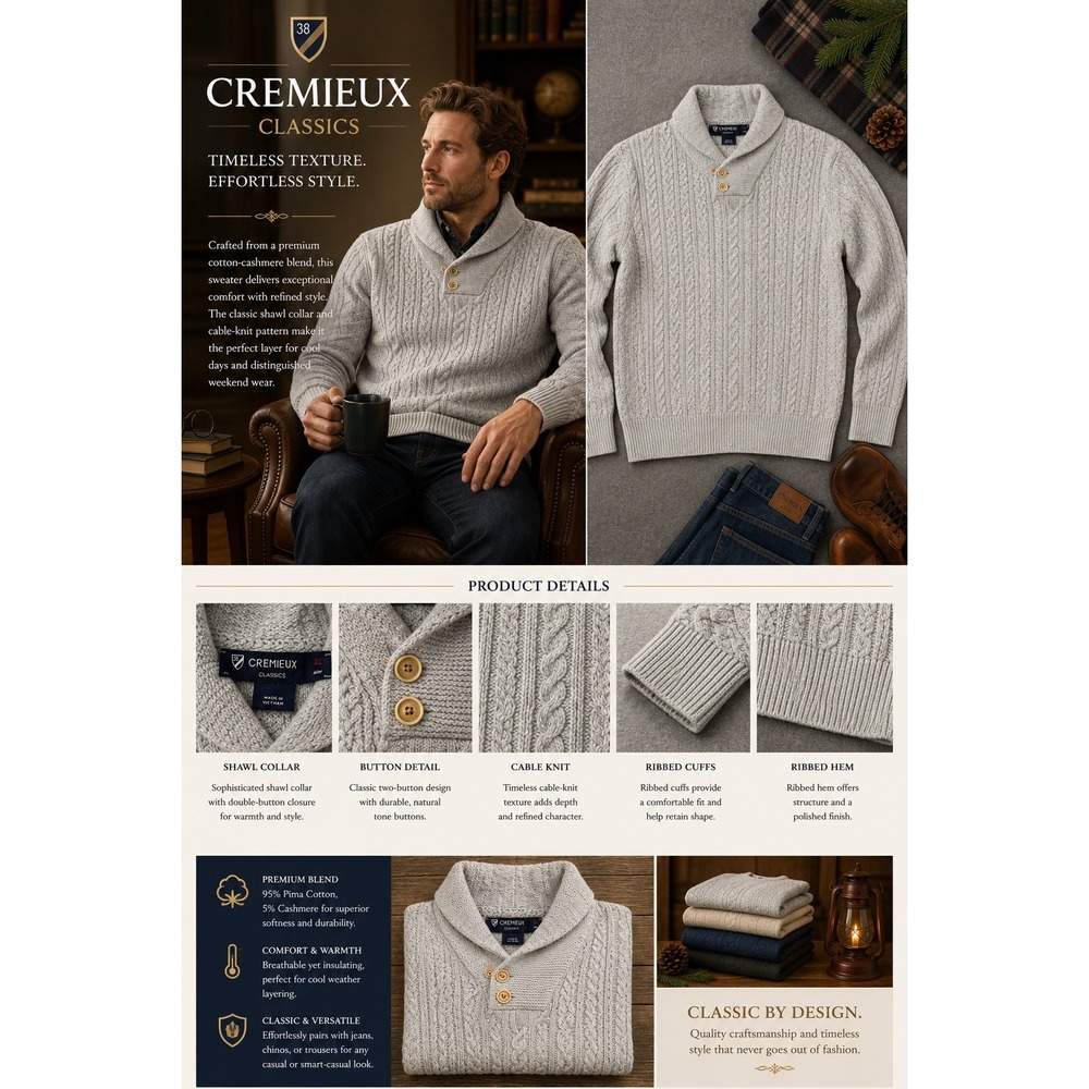 Cremieux Classics Mens XL Gray Cable Knit Shawl Collar Button Sweater Pullover